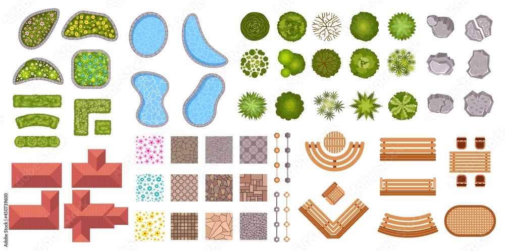Garden landscape design elements aerial top view. Bush fence, flowers, ponds, houses and sidewalk icons. Park plan map from above vector set