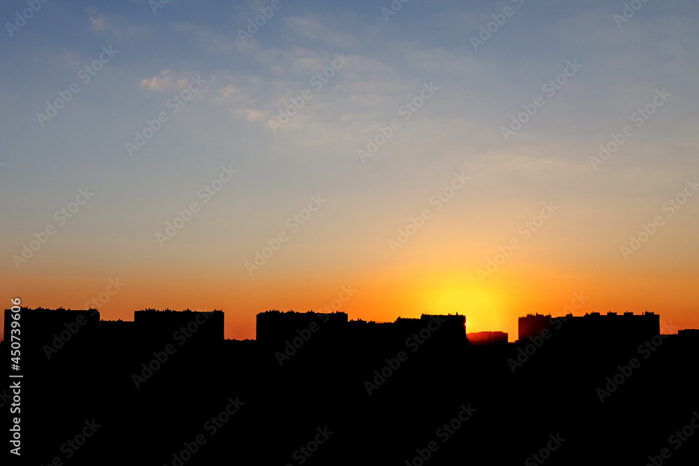 Silhouettes of buildings at sunset or sunrise, the architecture