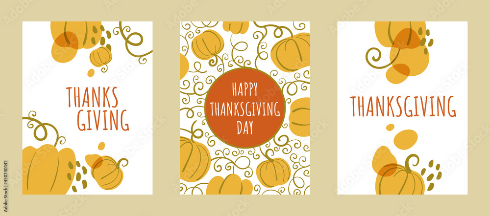 Set of cards with abstract pumpkin shapes for Thanksgiving Day. Autumn harvest celebrations. Flat vector illustration