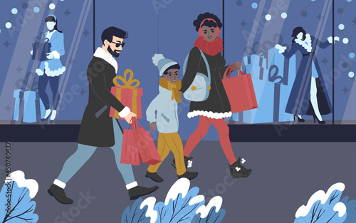 A young multicultural family shopping for gifts for the New Year and Christmas holidays. Flat vector illustration