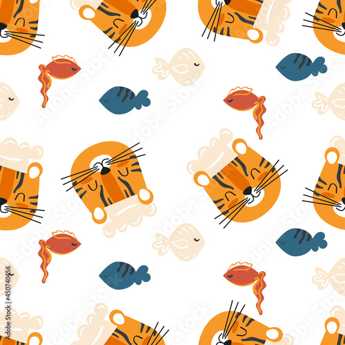 Kitchen seamless pattern with cute cartoon head tiger chef and fish. Childrens vector background