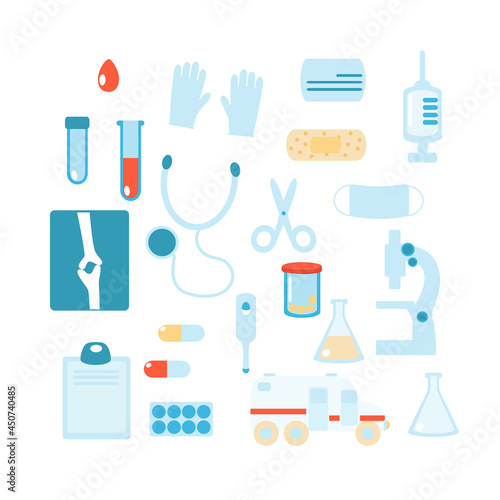 Set in cartoon style Medicine: stethoscope, drop, blood, test tube, gloves, plaster, pills, blister of pills, flask, microscope, x-ray, snapshot, syringe, capsule, car, ambulance, thermometer.