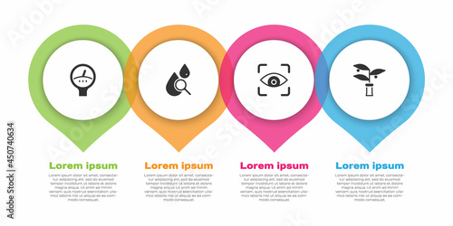 Set Gauge scale, Drop and magnifying glass, Eye scan and Plant breeding. Business infographic template. Vector