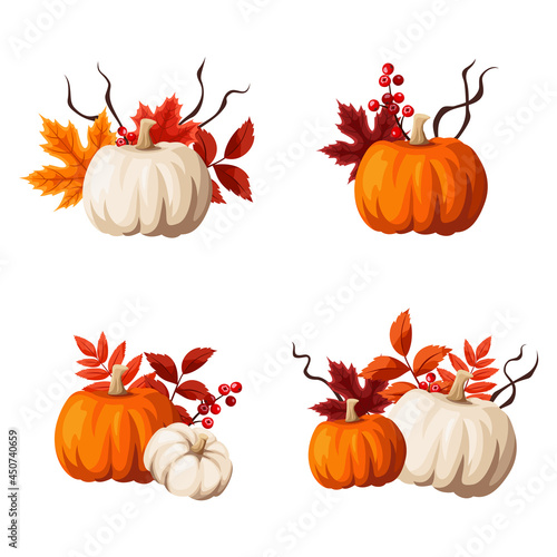 Vector set of autumn decoration elements with pumpkins, autumn leaves, and rowanberries isolated on a white background.