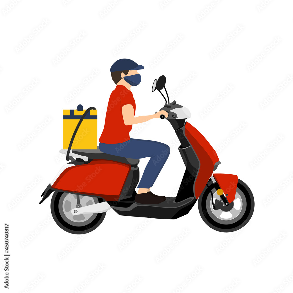 Courier Man character with scooter carry a package in flat design style. Vector illustration. Courier Man character with scooter carry a package in flat design style. Vector illustration.