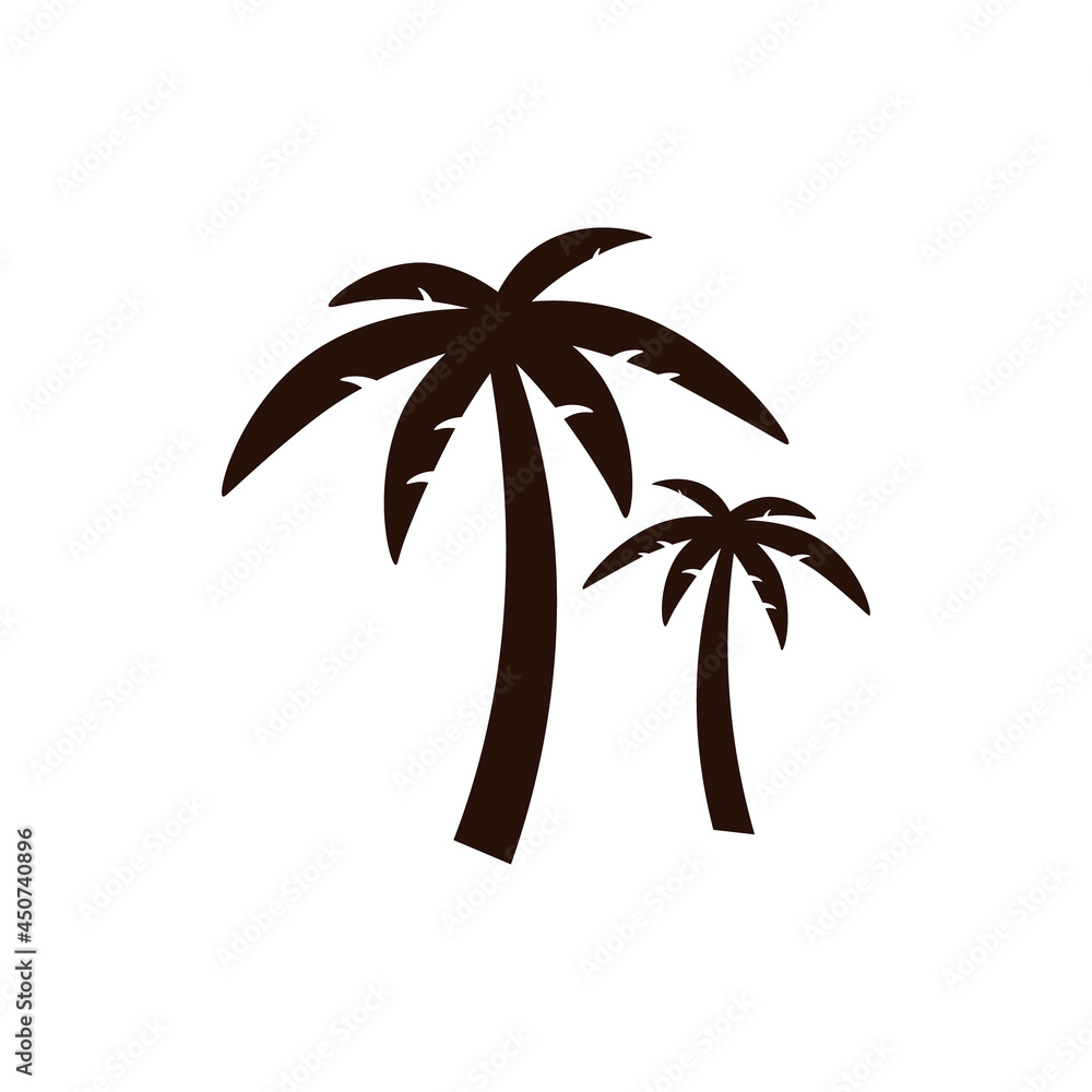 Obraz premium Two palms icon. Black coconut tree silhouette, isolated on white background. Vector illustration.