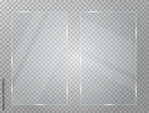 Set of two  glass plates in rectangular frame isolated on transparent background. Vector illustration. 