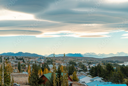 Town of Calafate, Santa Cruz, Argentina. Typical clouds of patagonia