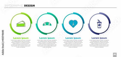 Set Cherry cheesecake slice, Croissant, Eiffel tower with heart and Coffee cup go. Business infographic template. Vector