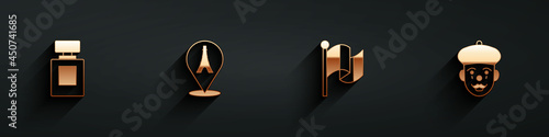 Set Perfume, Eiffel tower, Flag France and French mime icon with long shadow. Vector
