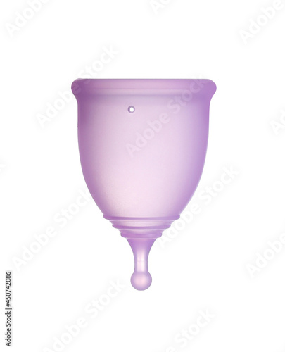 Empty purple menstrual cup isolated on white photo