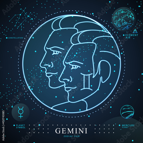 Modern magic witchcraft card with astrology Gemini zodiac sign. Neon two brothers illustration. Zodiac characteristic