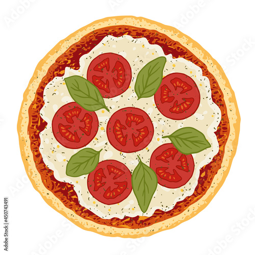 Pizza topped with tomato sauce, mozzarella cheese, tomatoes and basil. Vector illustration of hand drawn Margherita pizza. 