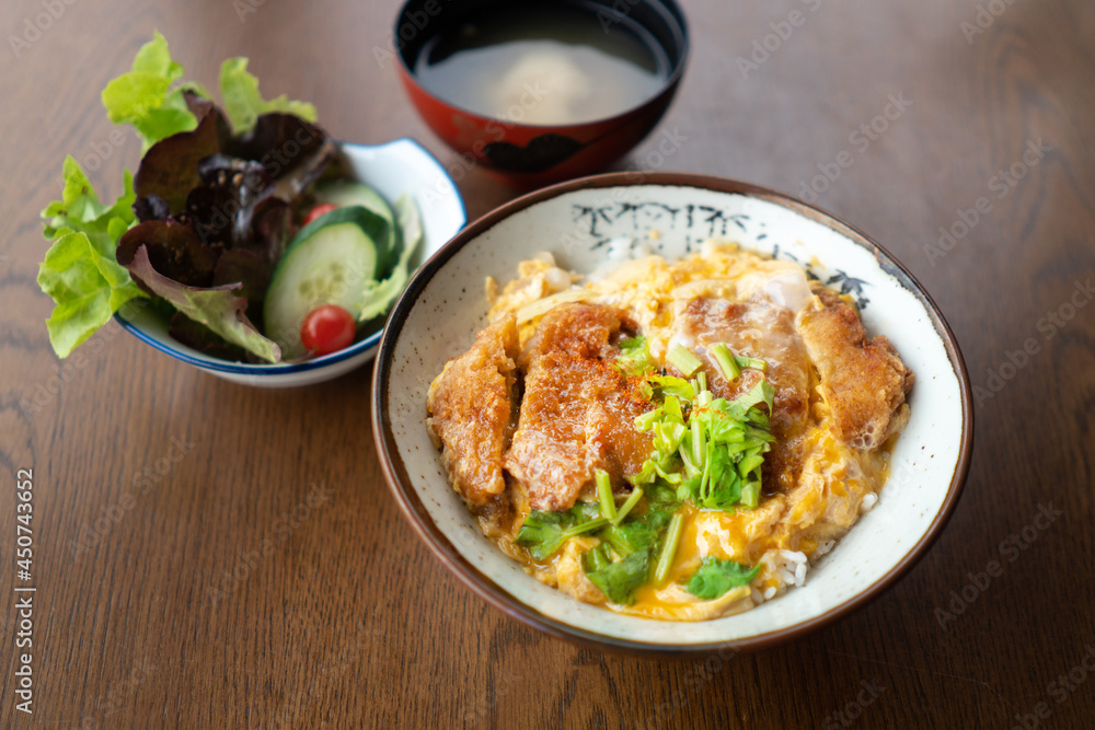 Katsudon, breaded deep-fried pork with egg topping on rice, japanese style food Katsudon, breaded deep-fried pork with egg topping on rice, japanese style food