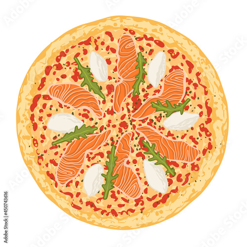 Pizza topped with tomato sauce, cheese, salmon fillet slices, cream cheese and arugula. Vector illustration of hand drawn pizza. 