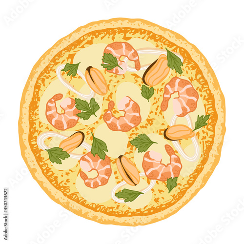 Pizza topped with mozzarella cheese, prawns,  calamari, mussels and parsley. Vector illustration of hand drawn Seafood pizza. 