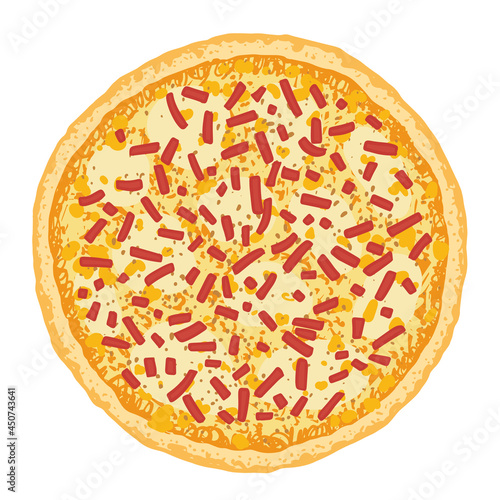 Pizza topped with mozzarella, cheese and chopped ham. Vector illustration of hand drawn pizza. 