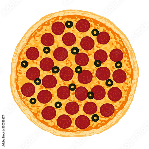 Pizza topped with mozzarella cheese, pepperoni and black olive. Vector illustration of hand drawn Pepperoni pizza. 