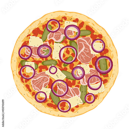 Pizza topped with tomato sauce, cheese, pickles, onion and prosciutto. Vector illustration of hand drawn pizza. 