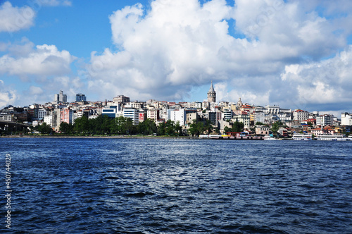 Panorama of Istanbul. View of the Bosphorus, Galata Tower and the coast. Summer day.