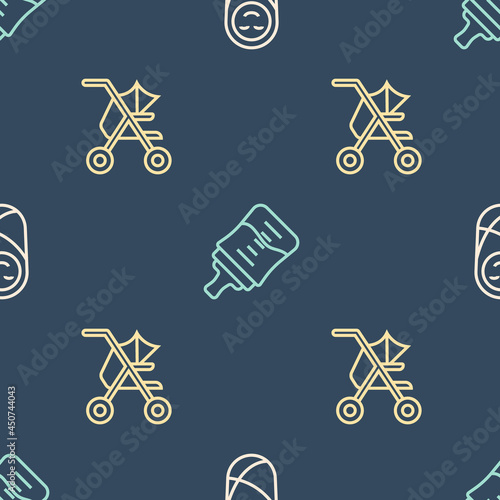 Set line Newborn baby infant swaddled, Baby stroller and bottle on seamless pattern. Vector