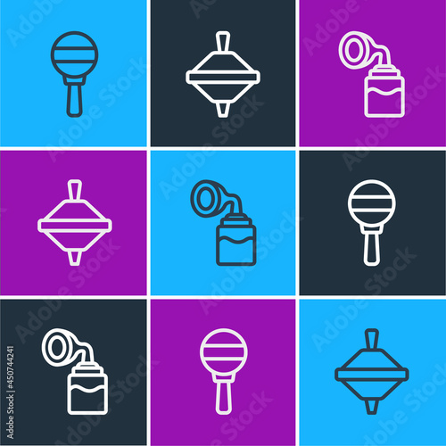 Set line Rattle baby toy, Breast pump and Whirligig icon. Vector