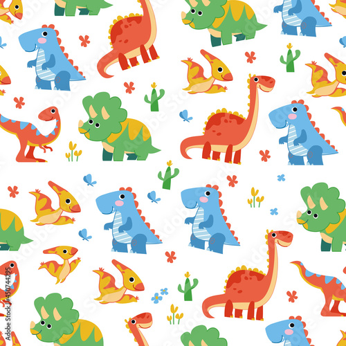 Seamless pattern with cute cartoon dinosaurs. Colorful prehistoric lizards - rex, stegosaurus, pterodactyl in funny poses. Children s illustration by hand for printing on fabric and for design