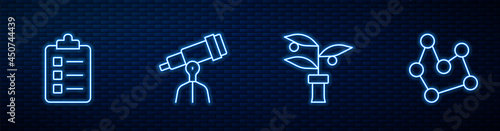 Set line Plant breeding, To do list or planning, Telescope and Chemical formula. Glowing neon icon on brick wall. Vector