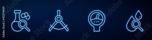 Set line Gauge scale, Test tube, Drawing compass and Drop and magnifying glass. Glowing neon icon on brick wall. Vector