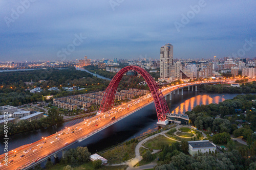 Panoramic view of Moscow on a summer evening, Russia. Picturesque region in the north-west of Moscow city. Zhivopisny bridge across the Moscow river. © miklyxa