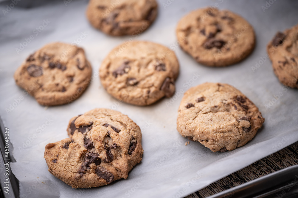 traditional chocolate chip cookie on cooking pan traditional chocolate chip cookie on cooking pan