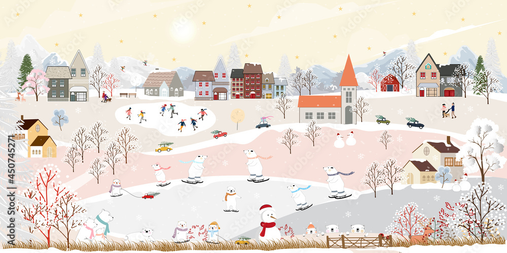 Winter wonderland landscape background at night with polar bear having fun in the city on new year,Christmas day in village with people celebration, kids playing ice skate, teenager skiing on mountain
