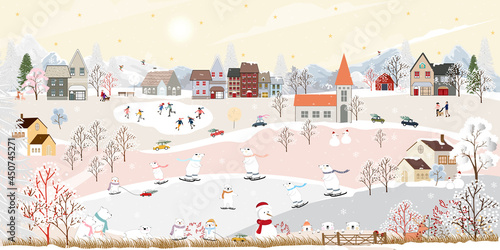 Winter wonderland landscape background at night with polar bear having fun in the city on new year,Christmas day in village with people celebration, kids playing ice skate, teenager skiing on mountain