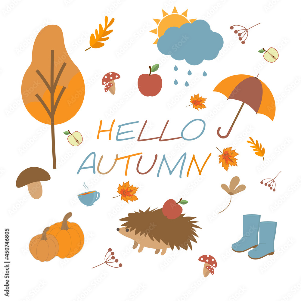 Naklejka premium Hello autumn, flat set autumn elements, colored leaves, pumpkin, tea cup, autumn boots, umbrella, dog, mushrooms and street lamp