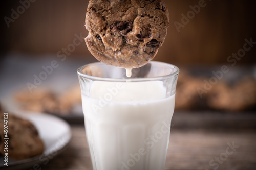 Fotografi dipping chocolate chip cookie into milk