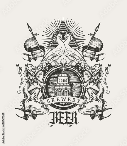 Hand-drawn coat of arms for brewery in vintage style on an old paper background. Black and white vector beer emblem with a wooden barrel, lions, flags, spears, peacocks, all-seeing eye and ribbon