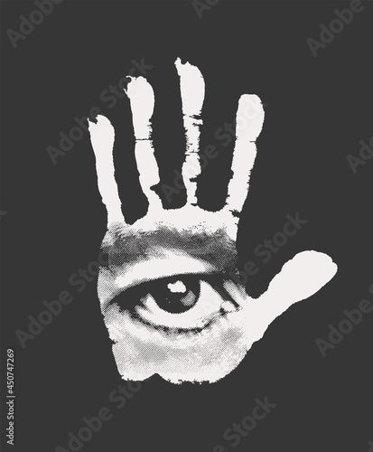 Abstract vector banner with handprint with male eye and an eyebrow on a palm isolated on a black background. Black and white illustration with a watching human eye and a hand imprint