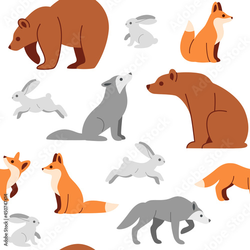 Simple seamless trendy line pattern with forest animal - fox  hare  bear  wolf. Cartoon vector illustration.