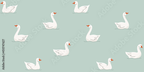 Goose swims in the water. Seamless trendy pattern with domestic fowl. Flat vector illustration for prints, clothing, packaging and postcards.