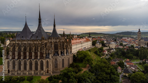 Aerial Kutna Hora town cityscape, vineyard, gothic church of St. Barbara