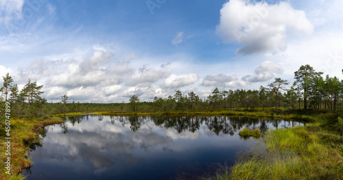 peat bog and blue lake landscape under an expressive sky with white clouds