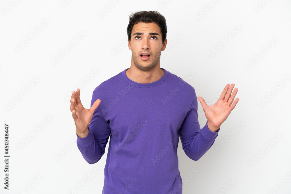 Caucasian handsome man over isolated white background stressed overwhelmed Caucasian handsome man over isolated white background stressed overwhelmed