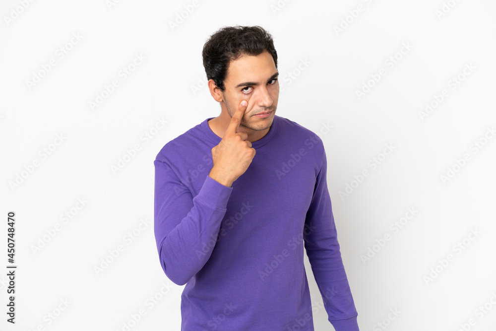 Caucasian handsome man over isolated white background showing something Caucasian handsome man over isolated white background showing something