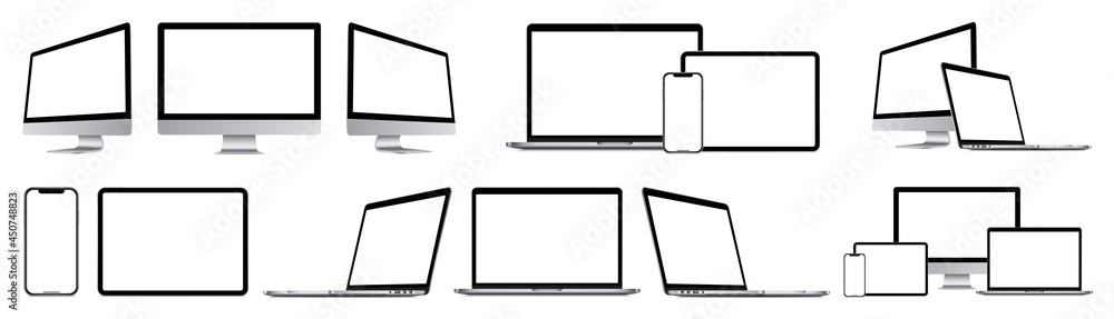Realistic mockups of technology devices with empty screens set : Laptop computer, monitor, smartphone, tablet. Device mockup collection with shadow. Big set mock-up display, vector illustration.