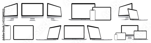 Realistic mockups of technology devices with empty screens set : Laptop computer, monitor, smartphone, tablet. Device mockup collection with shadow. Big set mock-up display, vector illustration. photo