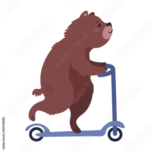 A bear on kick scooter. Cute animal character vector illustration.