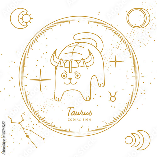 Modern magic witchcraft card with astrology Taurus zodiac sign. Cartoon zodiac sign. Funny cat