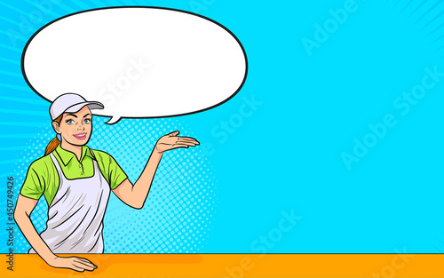 sales person store present with speech bubble
