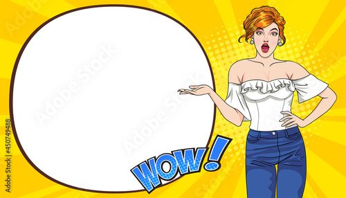 surprised woman wow gesture presenting something with speech bubble