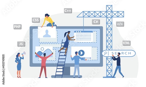 Group of male and female characters are developing a website by filling it with design information. Concept of teamwork, teambuilding, people working together. Flat cartoon vector illustration